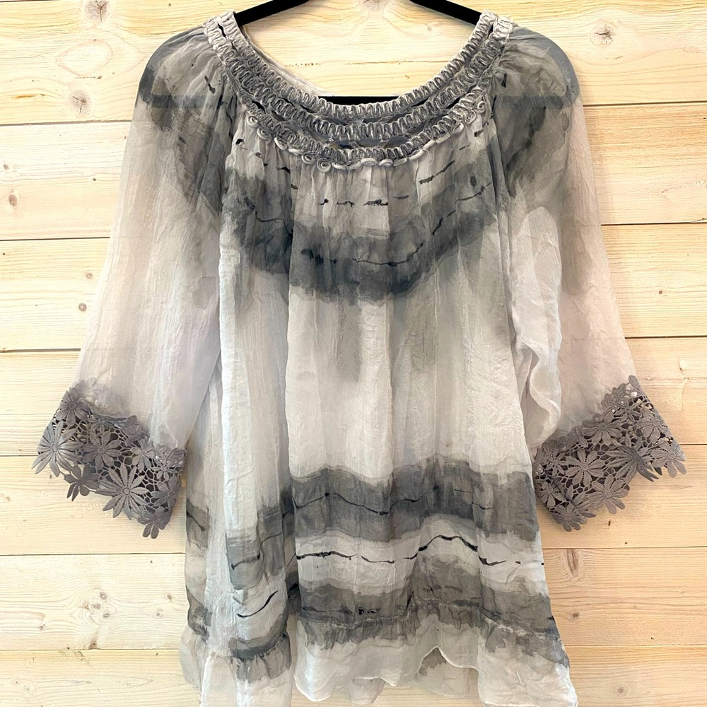 Adore white and gray shirt blouse crocheted detailing